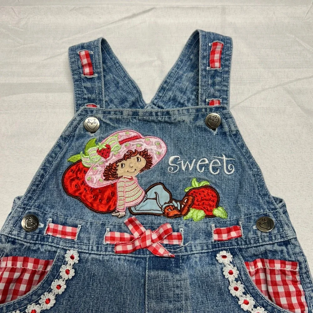 Vintage Strawberry Shortcake Denim Overalls Gingham Ruffle Shortalls 18M RN15435